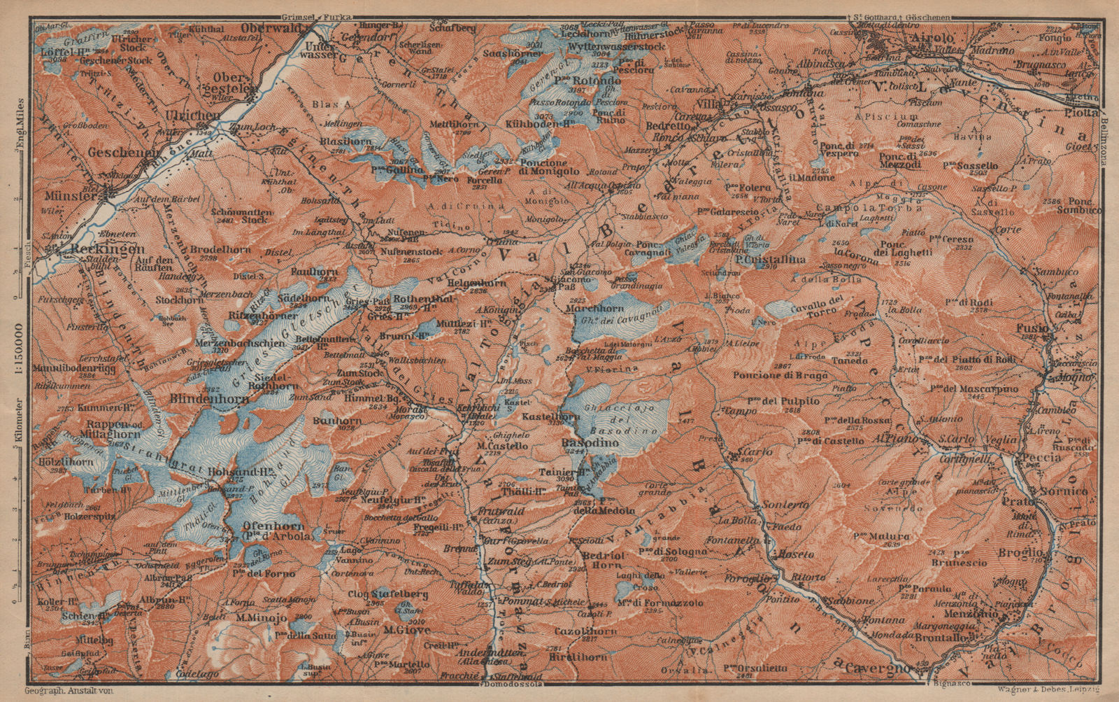 GRIES PASS & NW TICINO ALPS. Val Bedretto Airolo Basodino Ofenhorn 1907 map